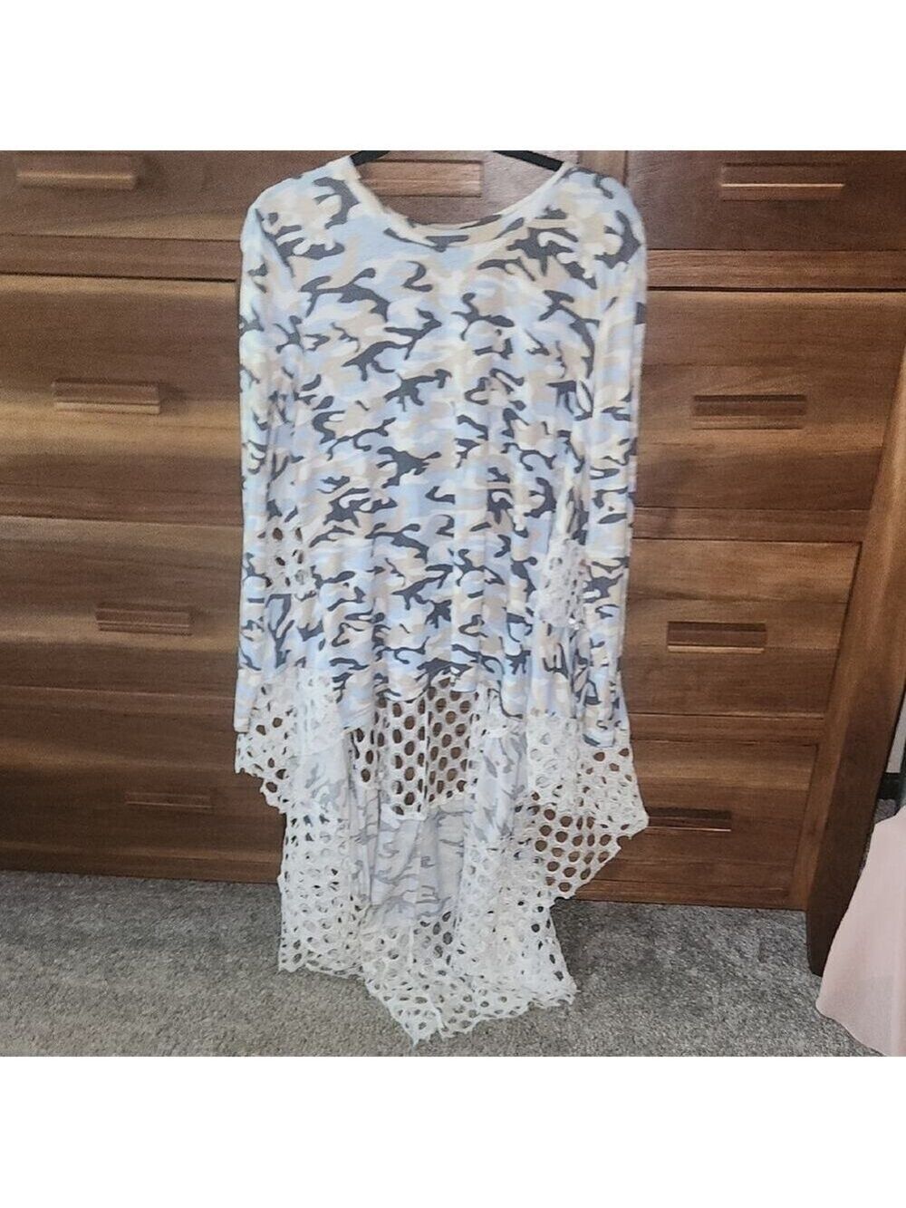 Blue Asymmetrical Long Camo Unique Boho Long Sleeve Trained Casual Small Blouse